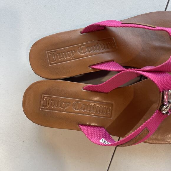 Juicy Couture SZ 10 Pink Y2K Flip Flops Sandals Rhinestone LeatherWedge Barbie - Picture 5 of 10